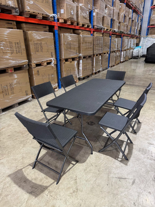 COMBO 2 MESAS SÍMIL RATTAN 180CM CON 12 SILLAS PLEGABLES - JUEGO COMPLETO